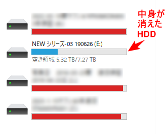 中身があるはずの内蔵HDDが「このフォルダーは空です」と表示されて突然消えてしまった